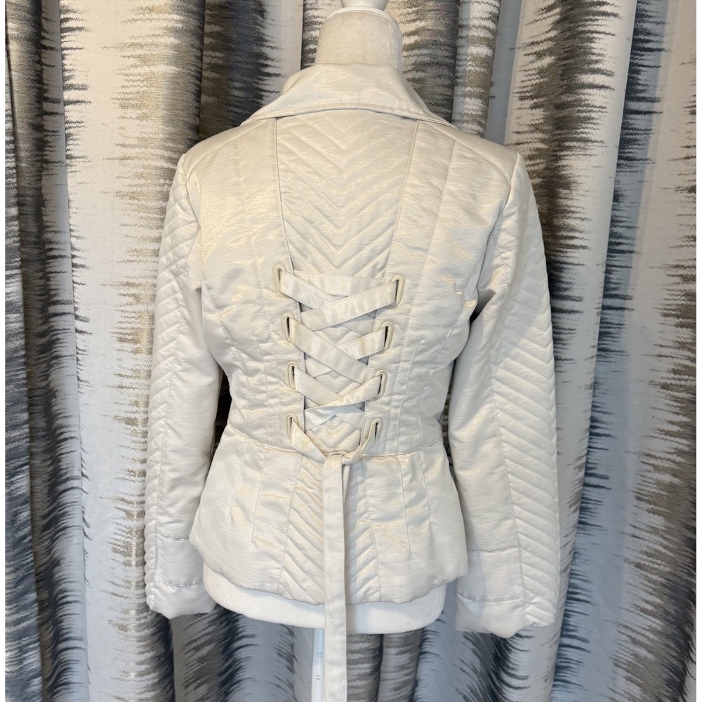 2B Bebe Women's Sz M White Satin Down Feather Filled Winter Puffer Jacket Coat - Picture 2 of 10